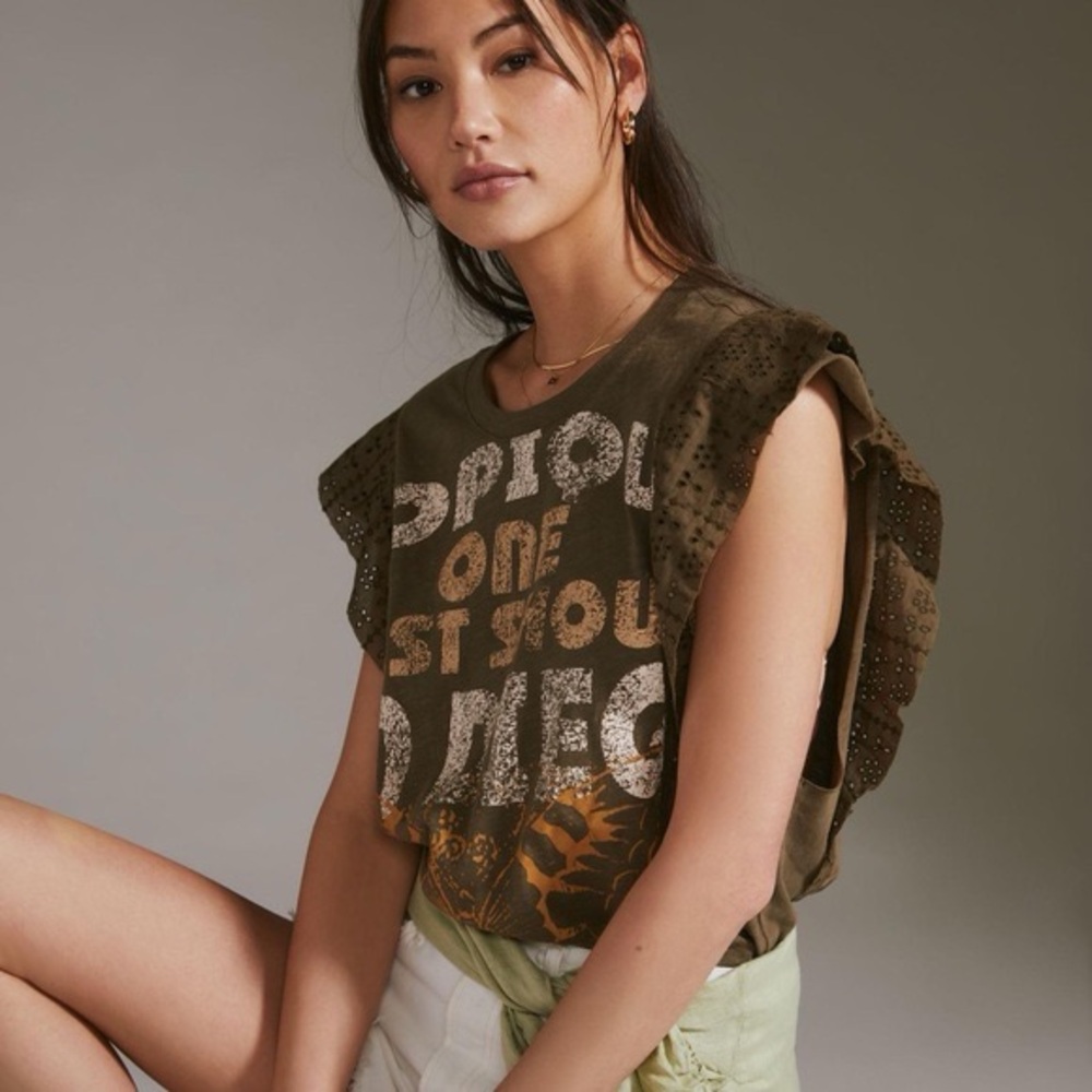 Anthropologie Pilcro Sustainable Eyelet Ruffle-Sleeved Graphic Top
